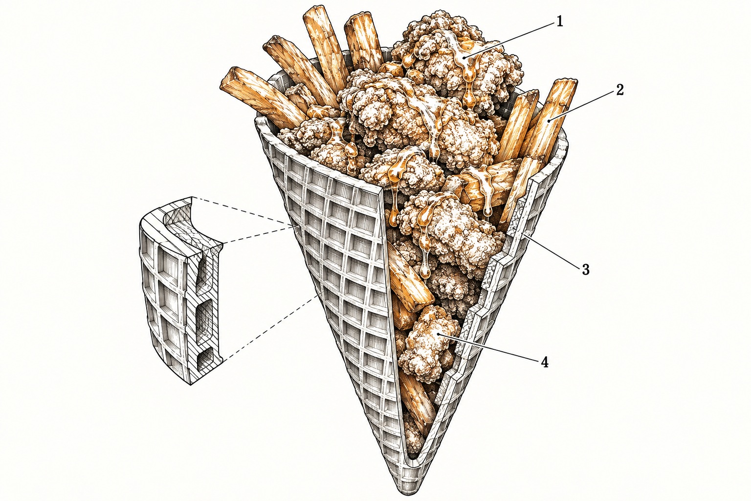 Concept illustration: a technical cutaway of a waffle cone filled with chicken, sweet-potato fries and maple drizzle